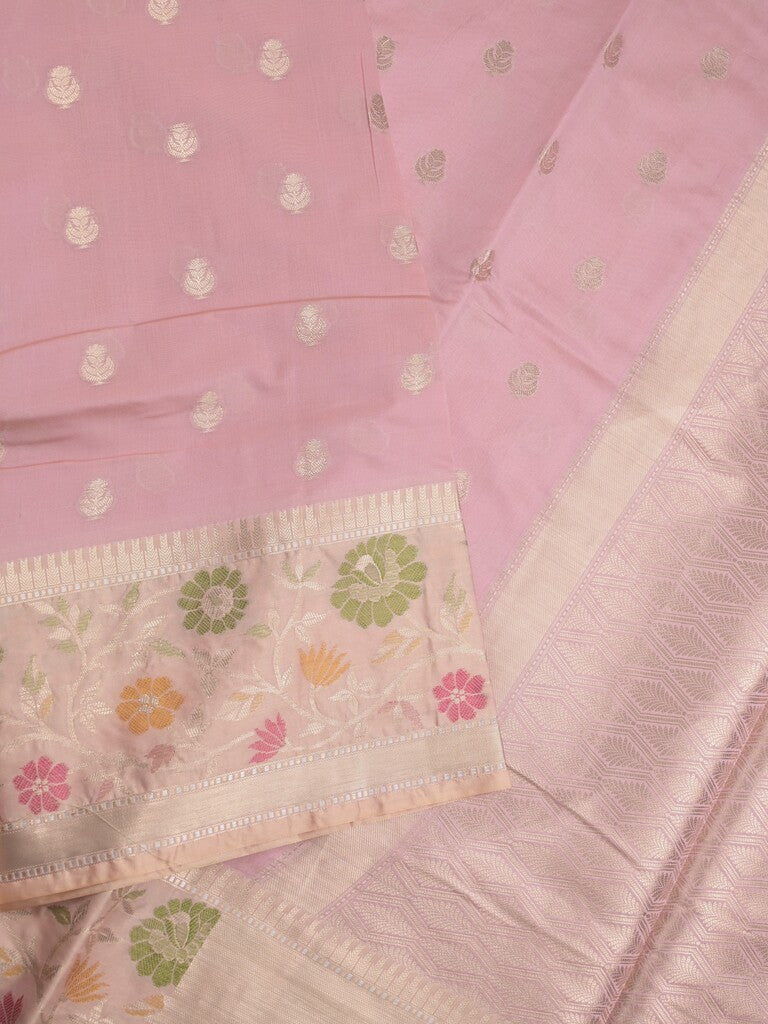 Banaras fancy saree baby pink color allover zari motifs & zari border with zari pallu and brocade blouse