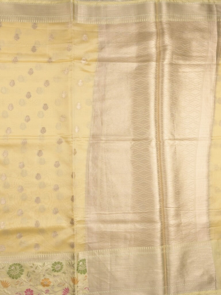 Banaras fancy saree light yellow color allover zari motifs & zari border with zari pallu and brocade blouse