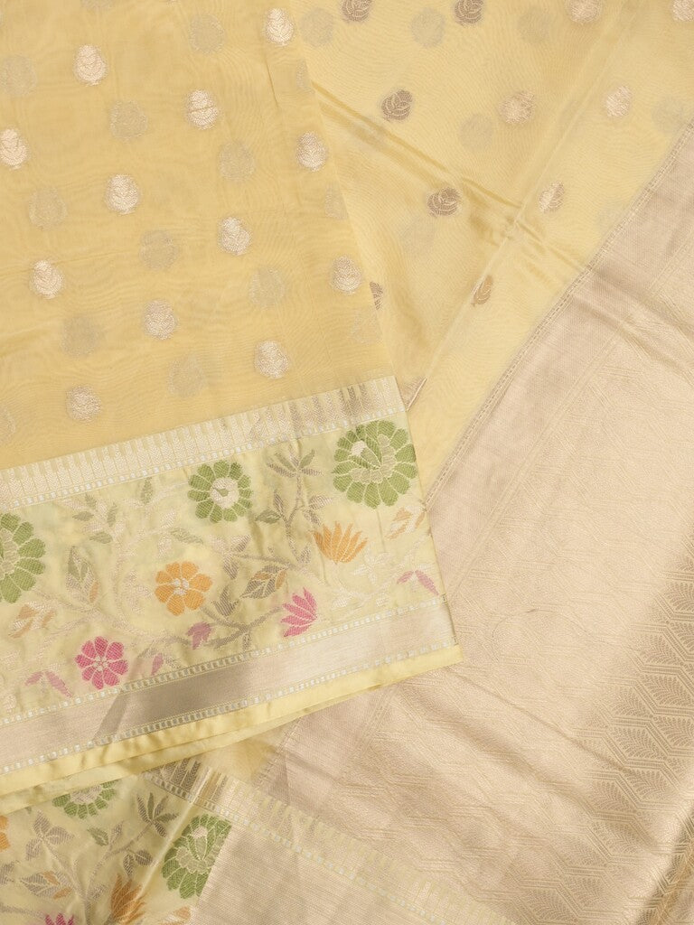 Banaras fancy saree light yellow color allover zari motifs & zari border with zari pallu and brocade blouse