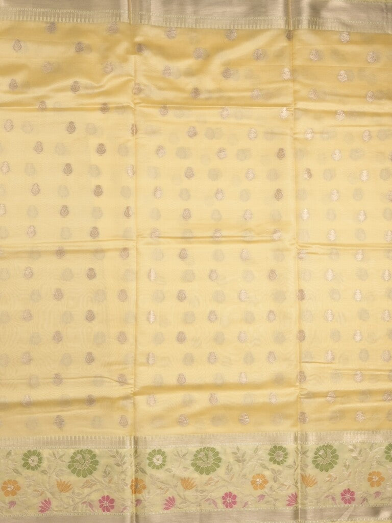 Banaras fancy saree light yellow color allover zari motifs & zari border with zari pallu and brocade blouse