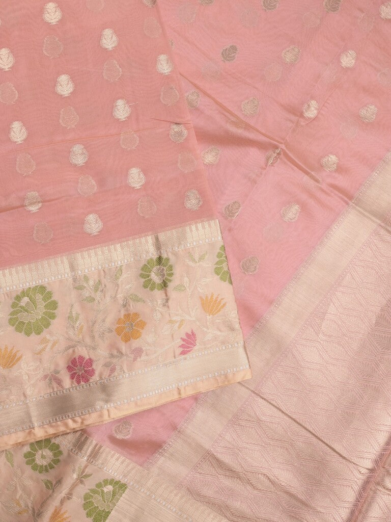 Banaras fancy saree light pink color allover zari motifs & zari border with zari pallu and brocade blouse