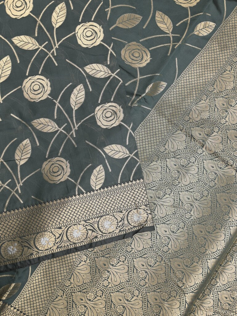 Banaras fancy saree dark grey color allover zari weaves & zari border with zari pallu and brocade blouse