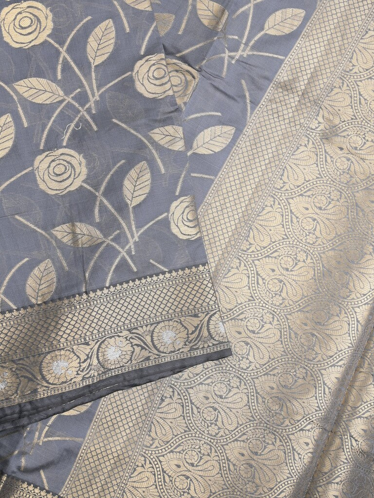 Banaras fancy saree bluish grey color allover zari weaves & zari border with zari pallu and brocade blouse