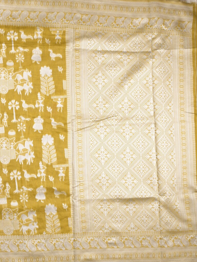 Chanderi fancy saree golden yellow color allover motifs & zari border with self pallu and plain blouse