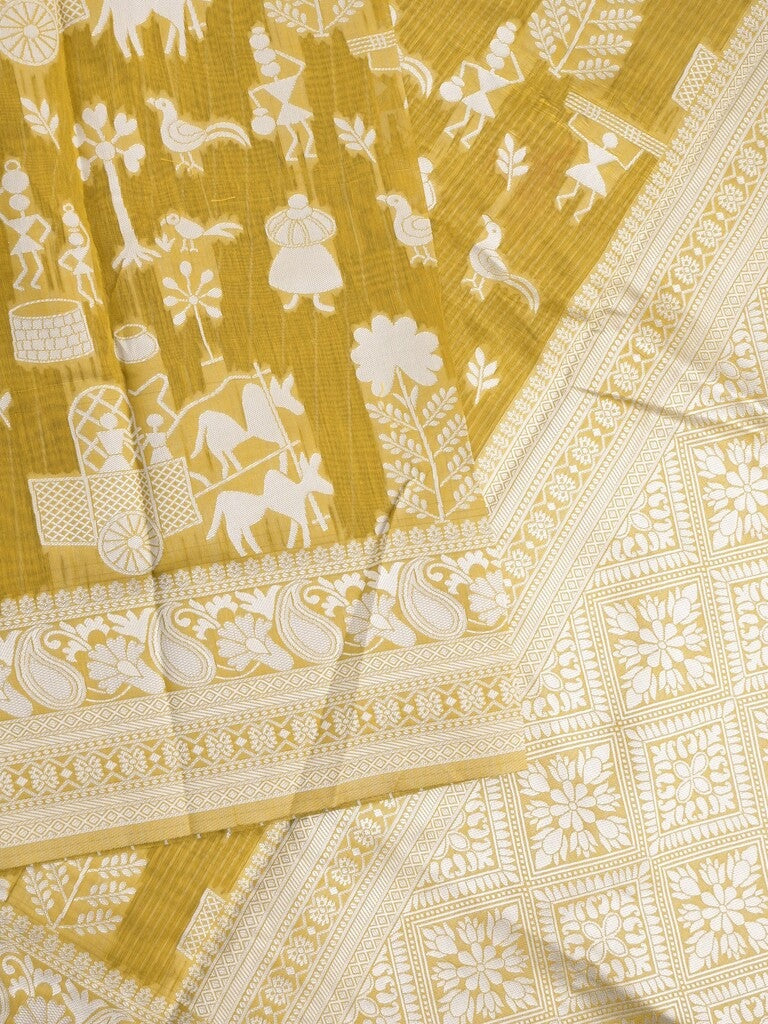 Chanderi fancy saree golden yellow color allover motifs & zari border with self pallu and plain blouse