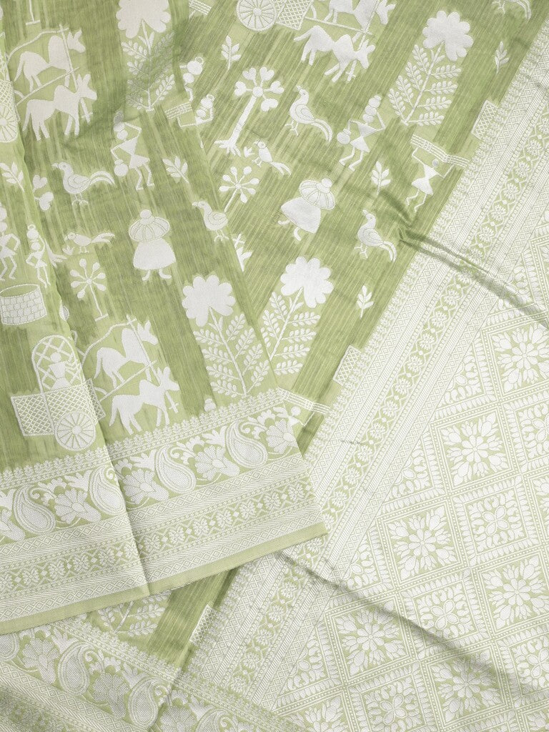 Chanderi fancy saree light olive green color allover motifs & zari border with self pallu and plain blouse