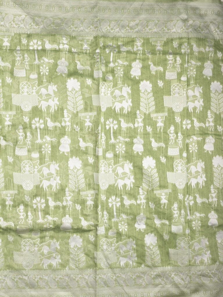 Chanderi fancy saree light olive green color allover motifs & zari border with self pallu and plain blouse