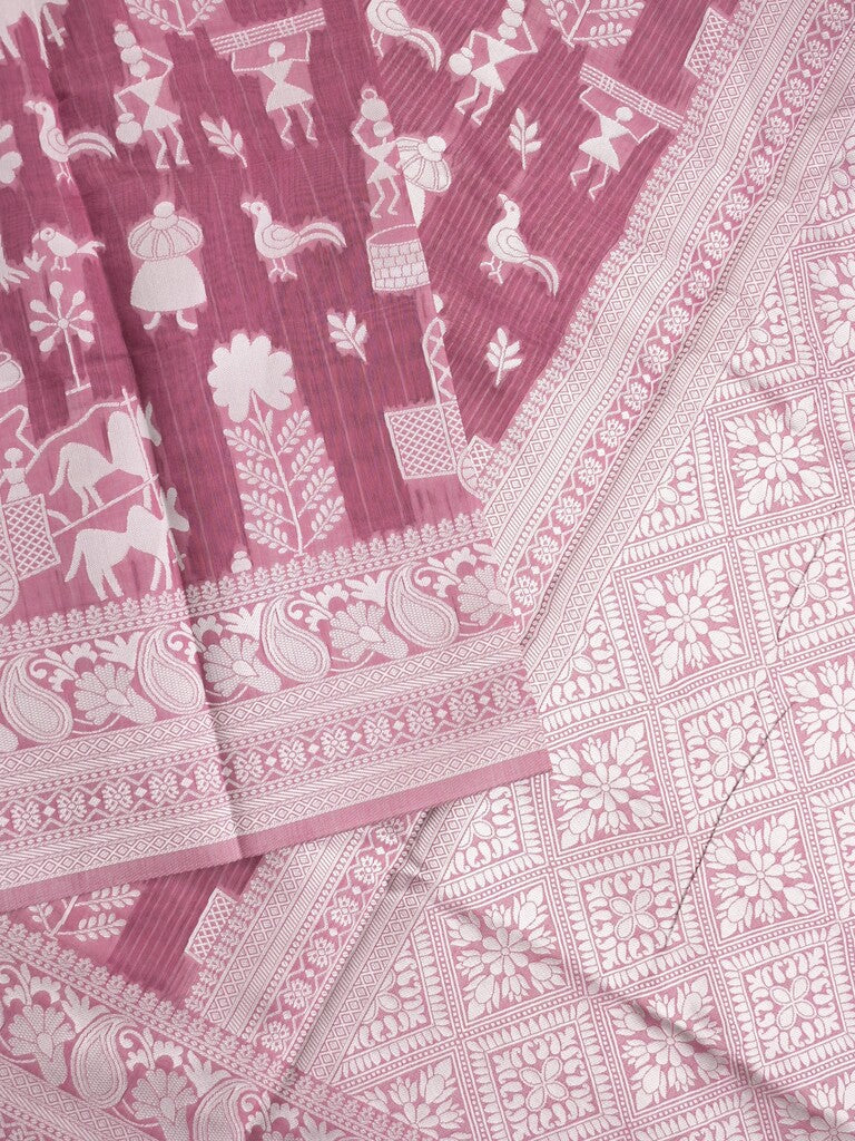 Chanderi fancy saree purple color allover motifs & zari border with self pallu and plain blouse