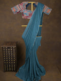 Blue color chinnon plain fancy saree with fancy border and embroidery stitched blouse