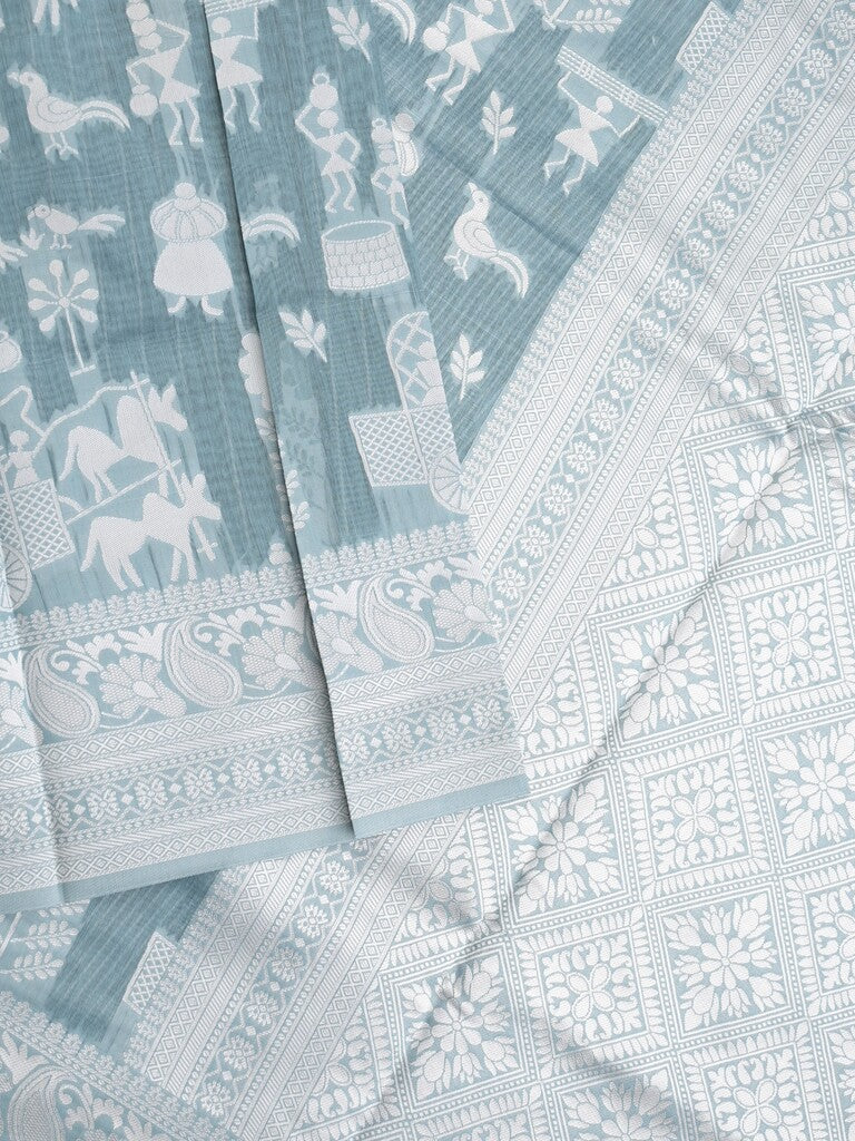 Chanderi fancy saree light blue color allover motifs & zari border with self pallu and plain blouse