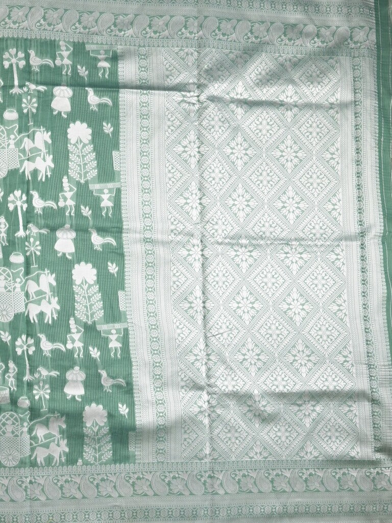 Chanderi fancy saree leaf green color allover motifs & zari border with self pallu and plain blouse