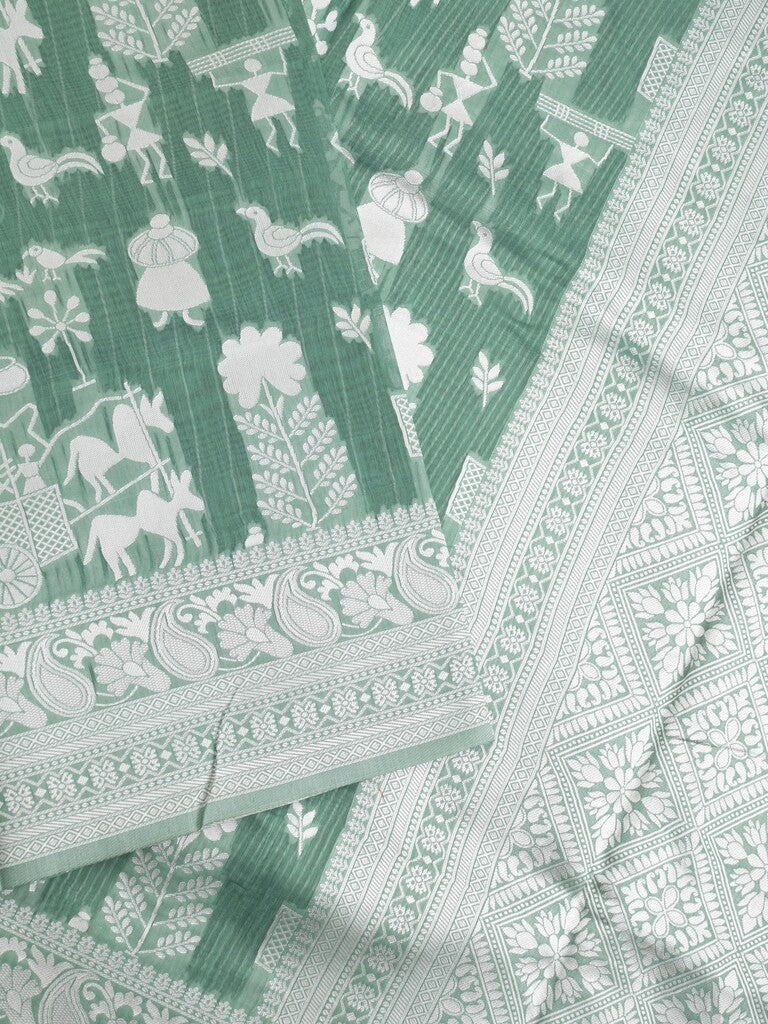 Chanderi fancy saree leaf green color allover motifs & zari border with self pallu and plain blouse