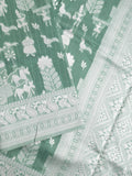 Chanderi fancy saree leaf green color allover motifs & zari border with self pallu and plain blouse