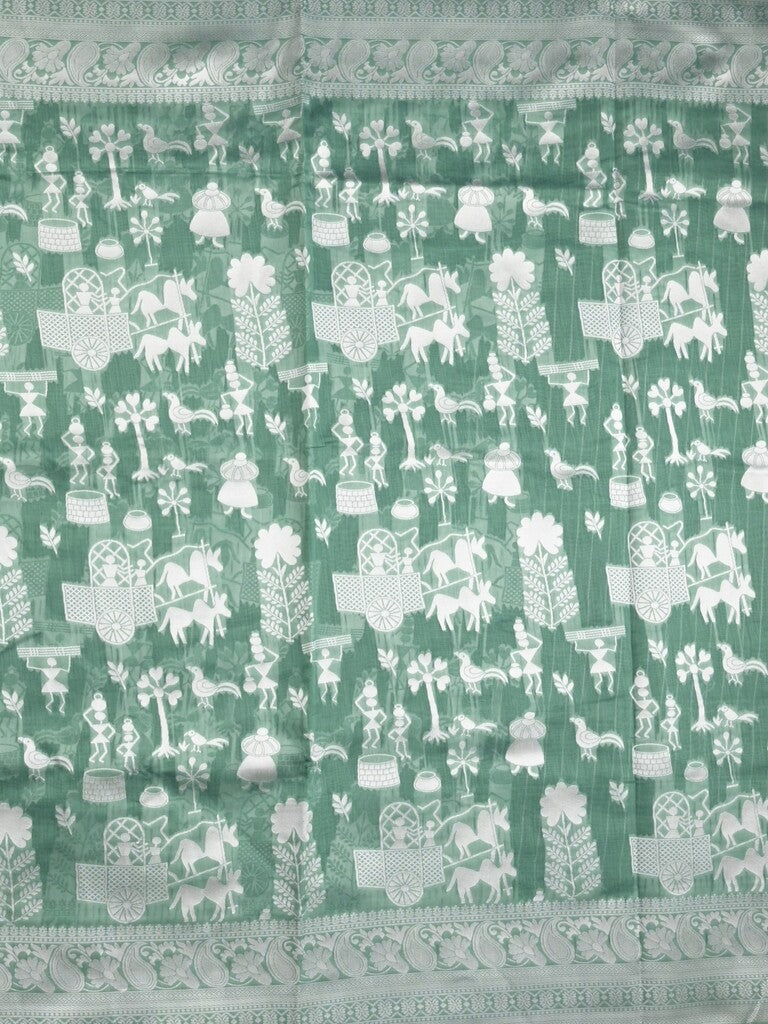 Chanderi fancy saree leaf green color allover motifs & zari border with self pallu and plain blouse