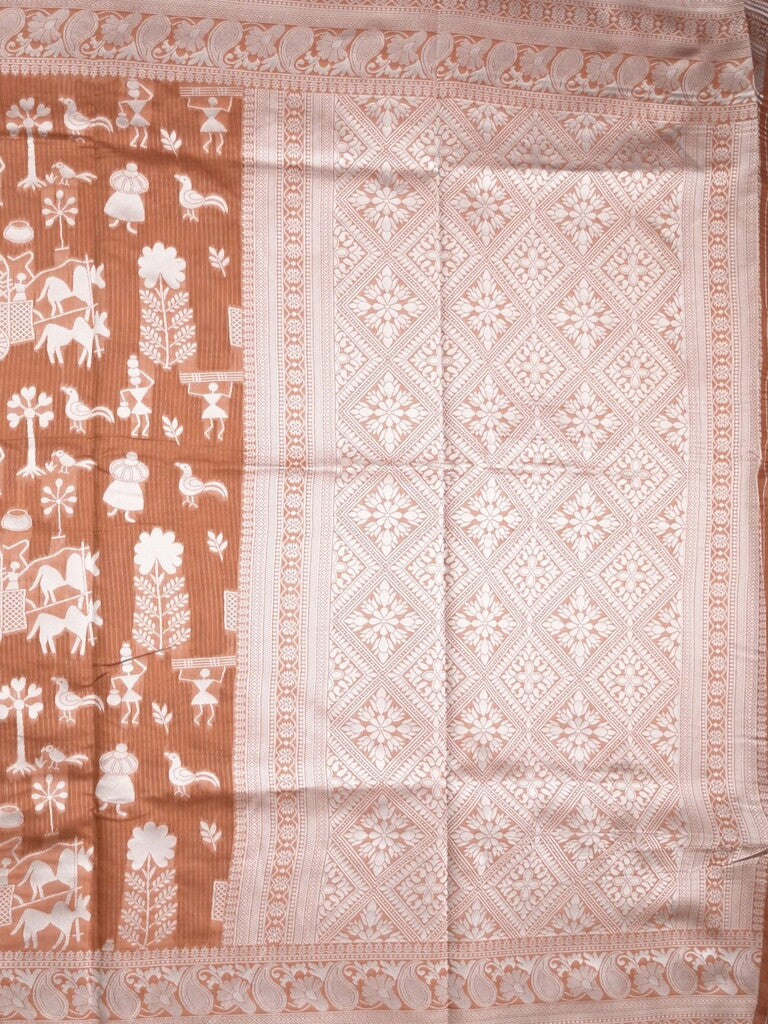 Chanderi fancy saree brown color allover motifs & zari border with self pallu and plain blouse