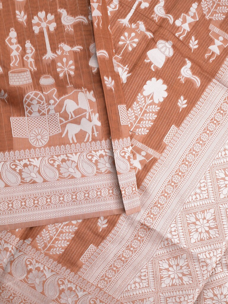 Chanderi fancy saree brown color allover motifs & zari border with self pallu and plain blouse
