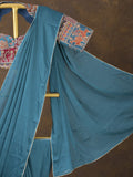 Blue color chinnon plain fancy saree with fancy border and embroidery stitched blouse
