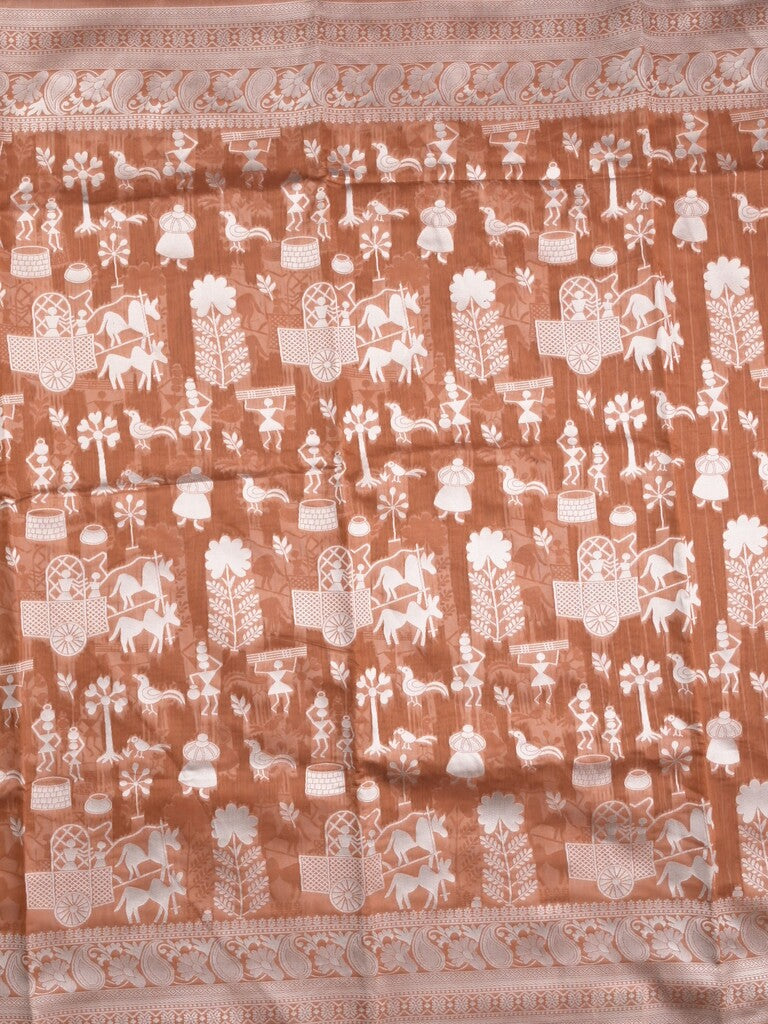Chanderi fancy saree brown color allover motifs & zari border with self pallu and plain blouse