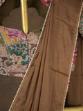 Brown color chinnon plain fancy saree with fancy border and embroidery stitched blouse