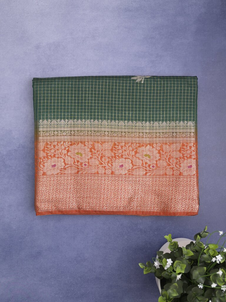 Dupion fancy saree for women | bottle green | zari border | party wear