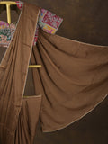 Brown color chinnon plain fancy saree with fancy border and embroidery stitched blouse
