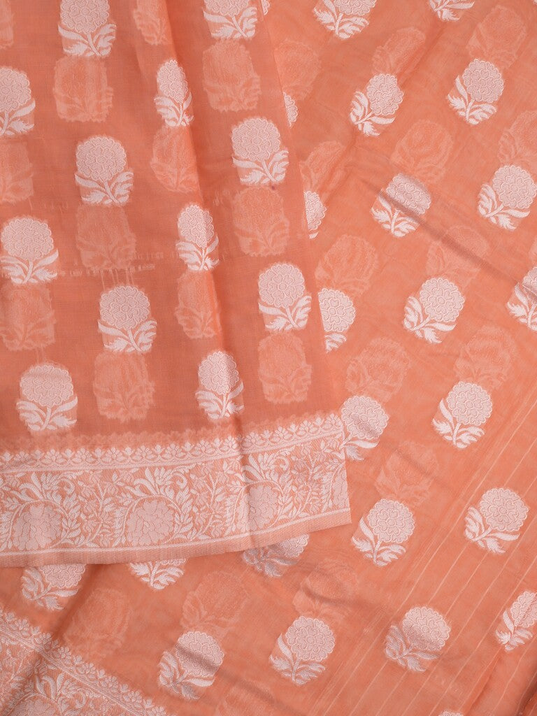 Chanderi fancy saree light orange color allover motifs & zari border with self pallu and plain blouse