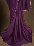 Purple color chinnon plain fancy saree with fancy border and embroidery stitched blouse