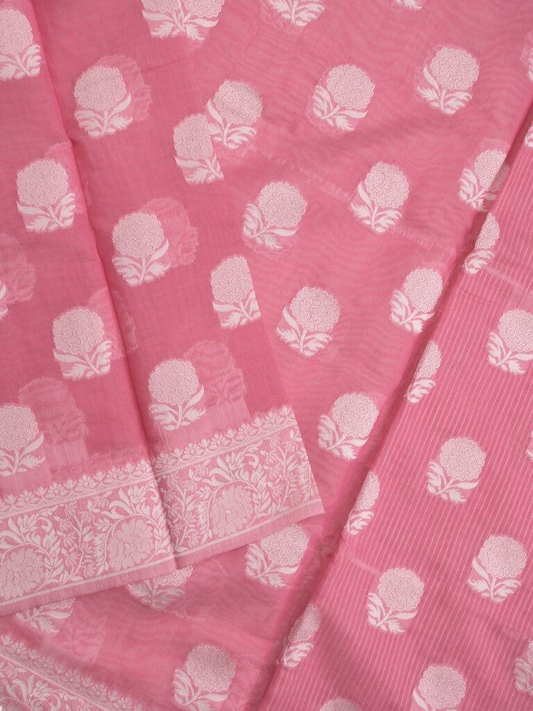 Chanderi fancy saree light pink color allover motifs & zari border with self pallu and plain blouse