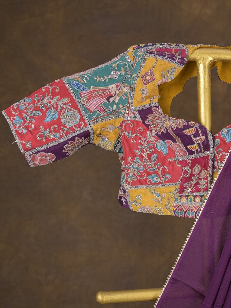 Purple color chinnon plain fancy saree with fancy border and embroidery stitched blouse