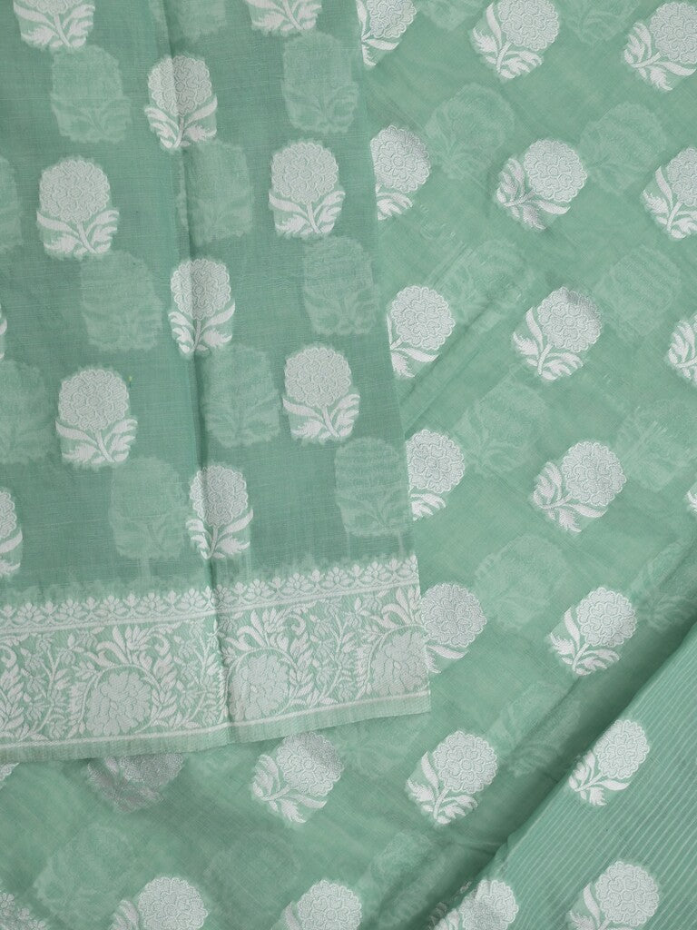 Chanderi fancy saree lux green color allover motifs & zari border with self pallu and plain blouse