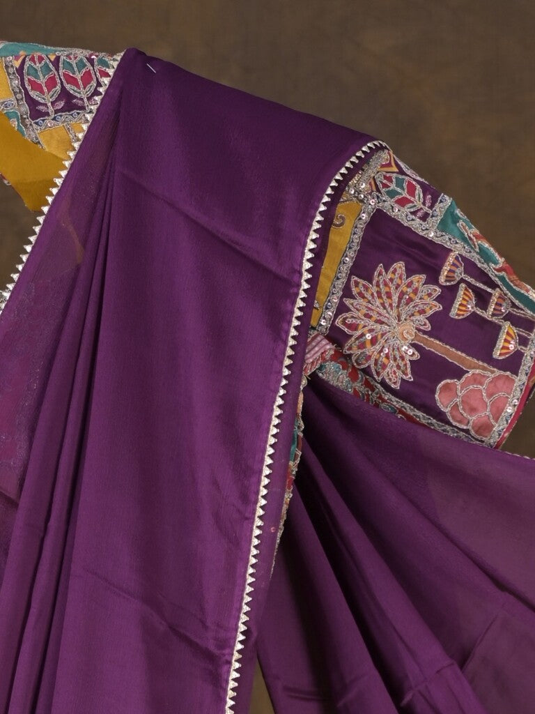 Purple color chinnon plain fancy saree with fancy border and embroidery stitched blouse