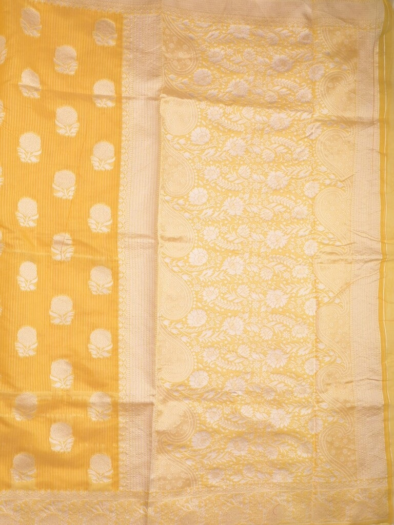 Chanderi fancy saree light yellow color allover motifs & zari border with self pallu and plain blouse