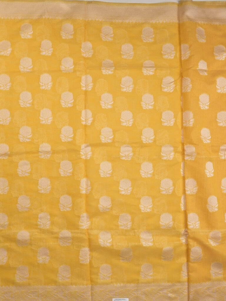 Chanderi fancy saree light yellow color allover motifs & zari border with self pallu and plain blouse