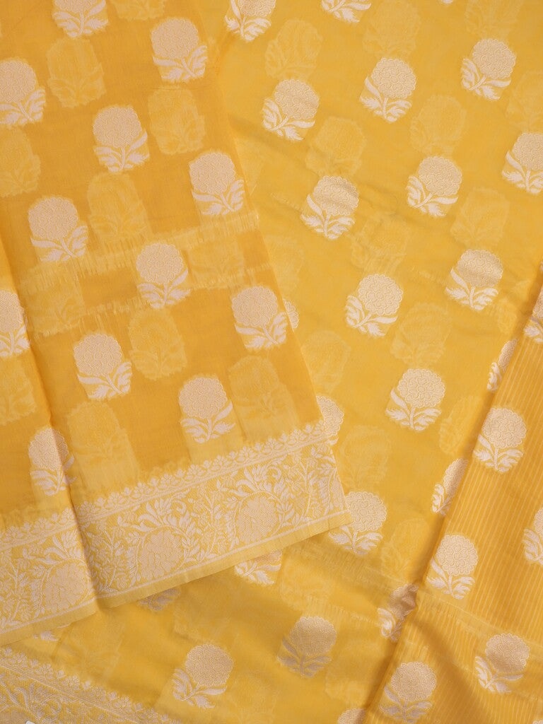 Chanderi fancy saree light yellow color allover motifs & zari border with self pallu and plain blouse