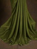Green color chinnon plain fancy saree with fancy border and embroidery stitched blouse