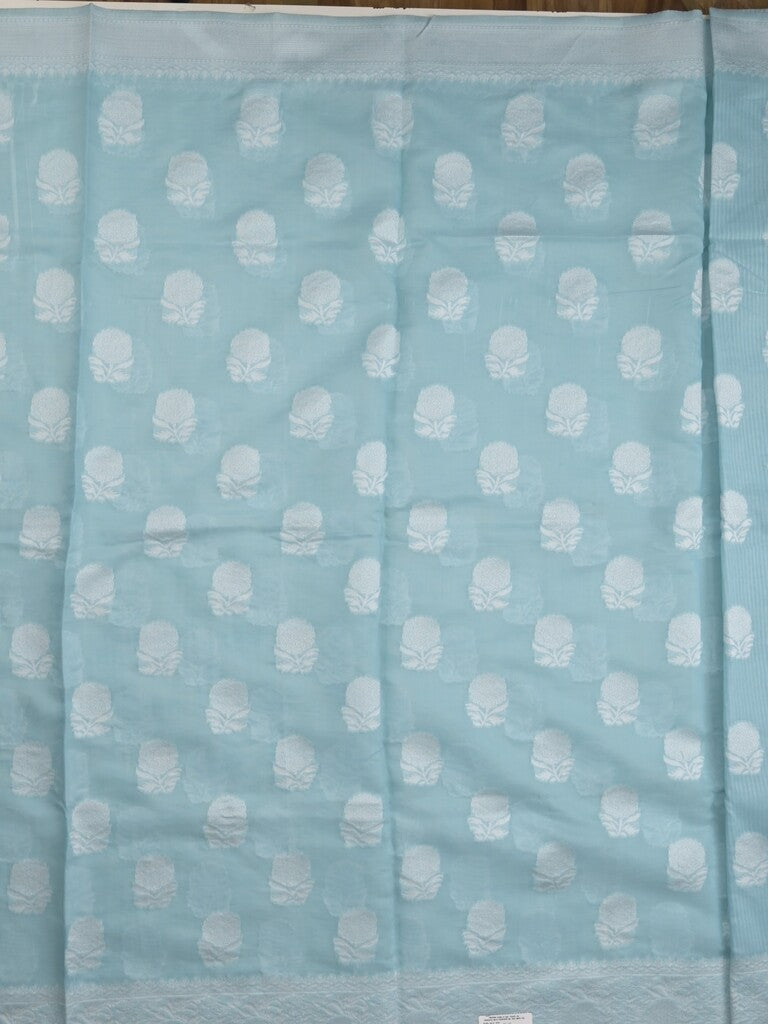 Chanderi fancy saree light blue color allover motifs & zari border with self pallu and plain blouse