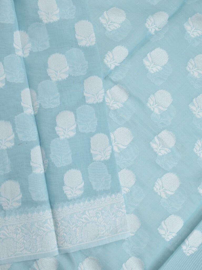 Chanderi fancy saree light blue color allover motifs & zari border with self pallu and plain blouse