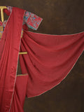 Red color chinnon plain fancy saree with fancy border and embroidery stitched blouse