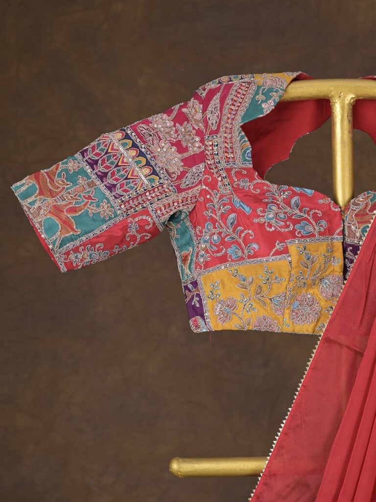 Red color chinnon plain fancy saree with fancy border and embroidery stitched blouse