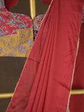 Red color chinnon plain fancy saree with fancy border and embroidery stitched blouse