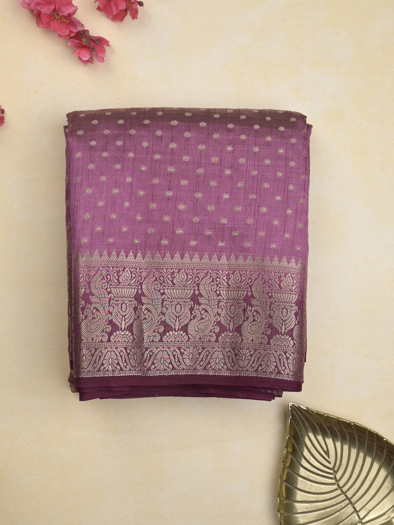 Dupion fancy saree in purple color allover zari motifs & zari border with zari pallu and attached contrast blouse