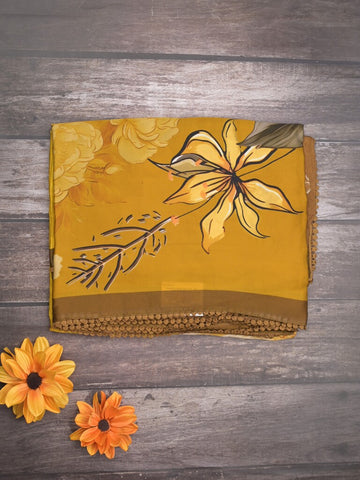 Crape fancy sarees for women | golden yellow | fancy border | party wear