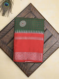 Banaras fancy saree in bottle green color allover zari motifs & zari border with brocade pallu and attached blouse