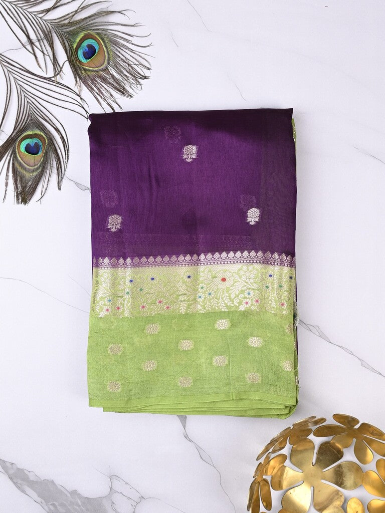 Raw mango fancy saree violet color allover zari weaves & zari border with short pallu and contrast blouse