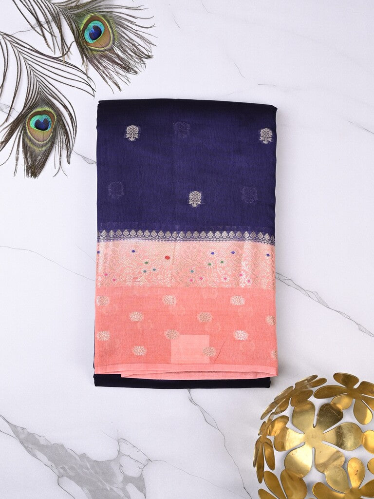 Raw mango fancy saree royal blue color allover zari weaves & zari border with short pallu and contrast blouse