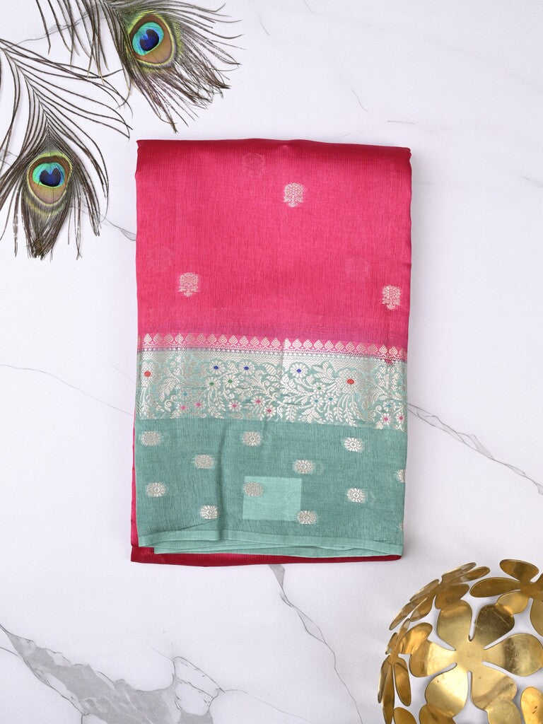 Raw mango fancy saree cherry red color allover zari weaves & zari border with short pallu and contrast blouse