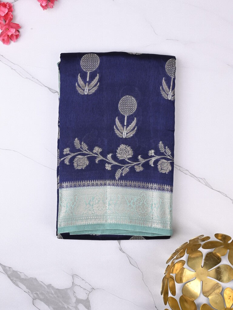 Raw mango fancy saree navy blue color allover zari weaves & zari border with short pallu and contrast blouse