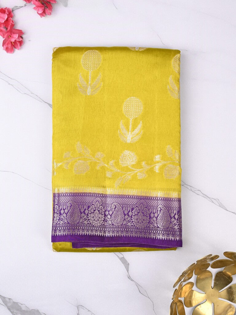 Raw mango fancy saree golden yellow color allover zari weaves & zari border with short pallu and contrast blouse