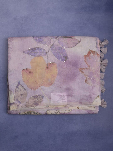 Lenin fancy light purple color saree with allover prints, sequins work and attached plain blouse