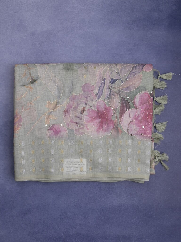 Lenin fancy light pastel green color saree with allover prints, sequins work and attached plain blouse